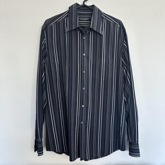 Dolce & Gabbana Dress Shirt Mens 17.5 Blue Striped Made Italy Long Sleeve